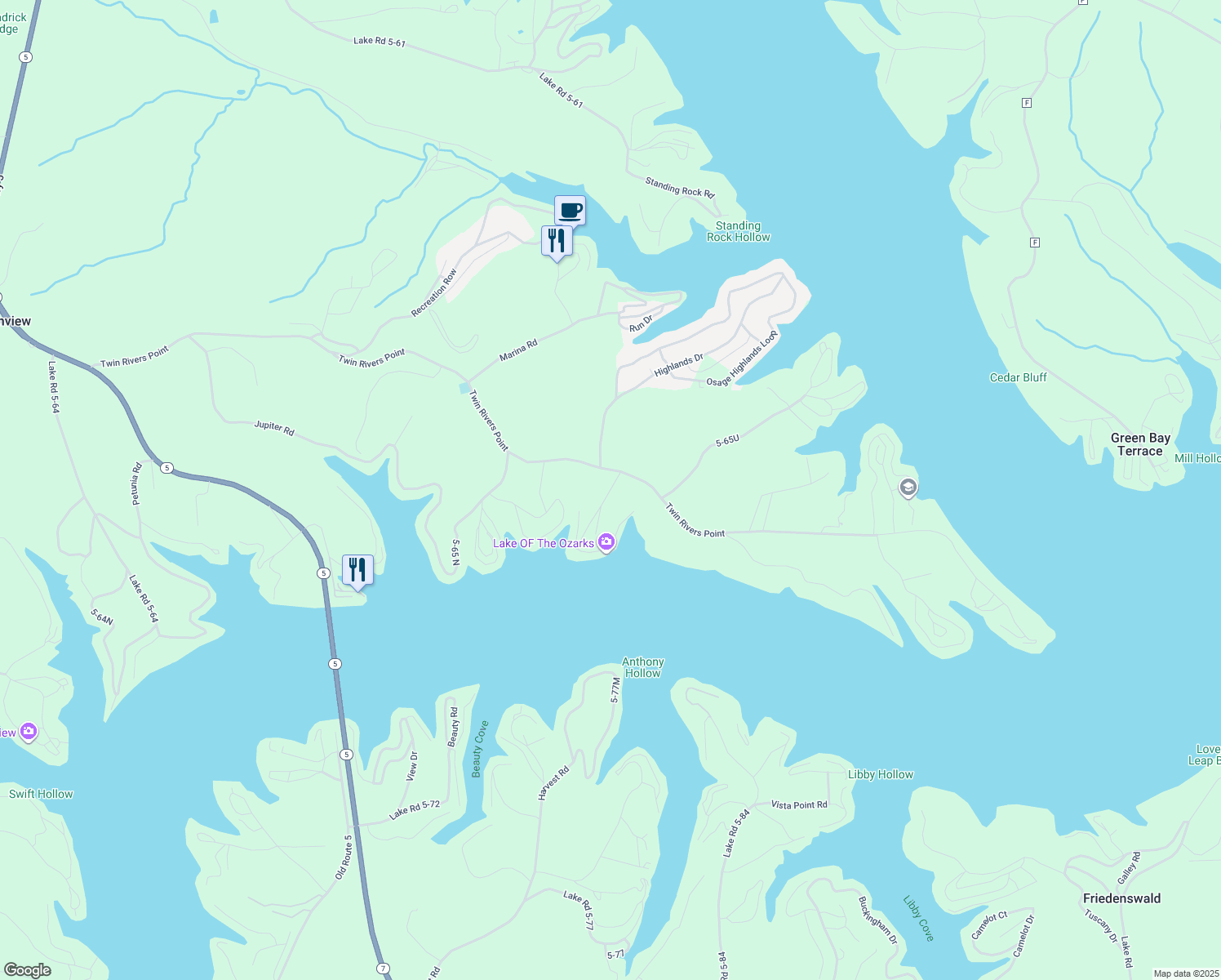 map of restaurants, bars, coffee shops, grocery stores, and more near 1-223 Hidden Rd in Camdenton