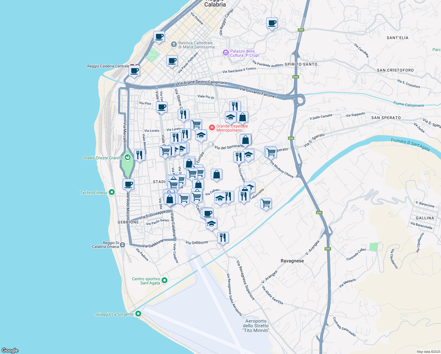 map of restaurants, bars, coffee shops, grocery stores, and more near 68 Via Sbarre Superiore Diramazione Lombardo in Reggio Calabria