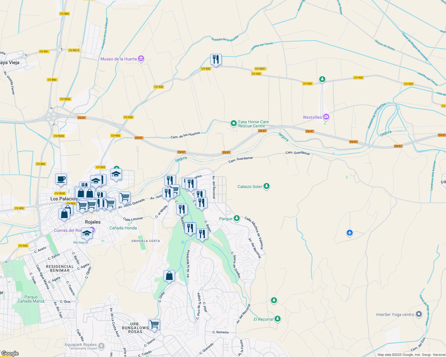 map of restaurants, bars, coffee shops, grocery stores, and more near 6 Calle Laguna de Uña in Rojales