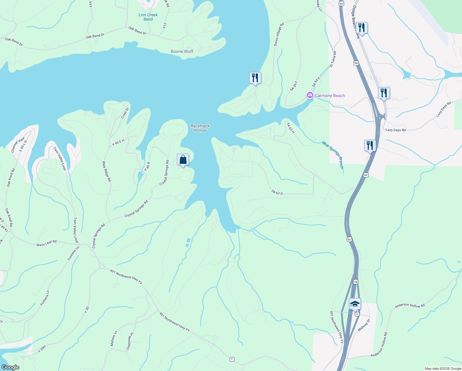 map of restaurants, bars, coffee shops, grocery stores, and more near 1457 Lake Road 54-64 in Osage Beach