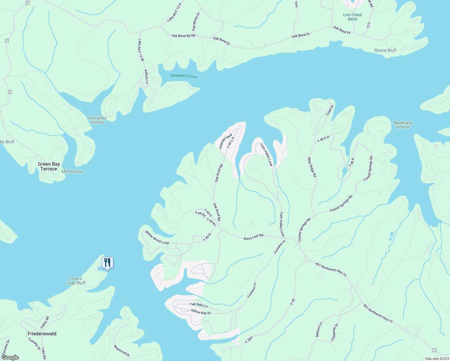 map of restaurants, bars, coffee shops, grocery stores, and more near 2-56 Sunrise Lane in Linn Creek