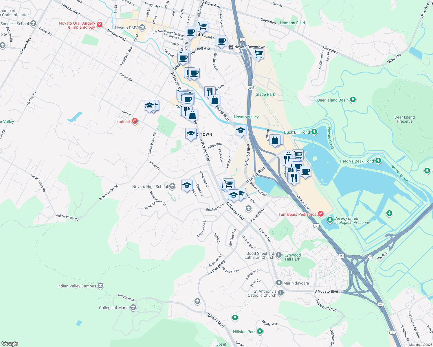 map of restaurants, bars, coffee shops, grocery stores, and more near 282 Adele Street in Novato