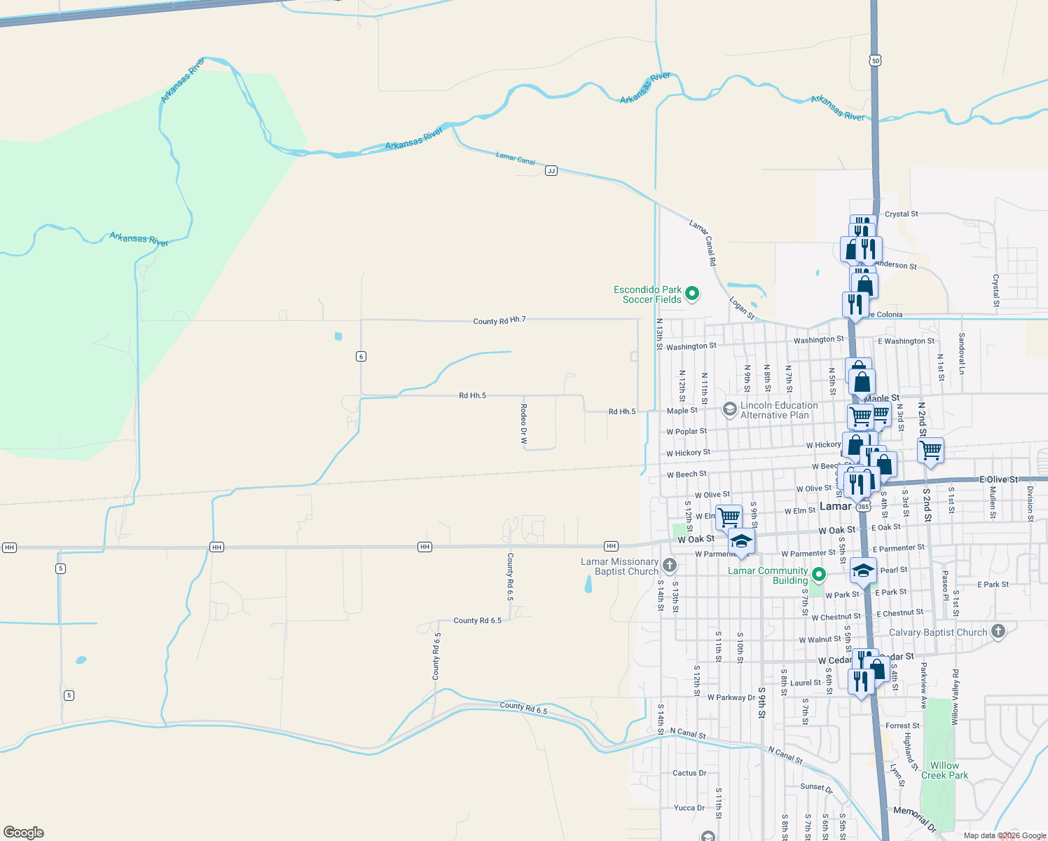 map of restaurants, bars, coffee shops, grocery stores, and more near Rodeo Dr W in Lamar