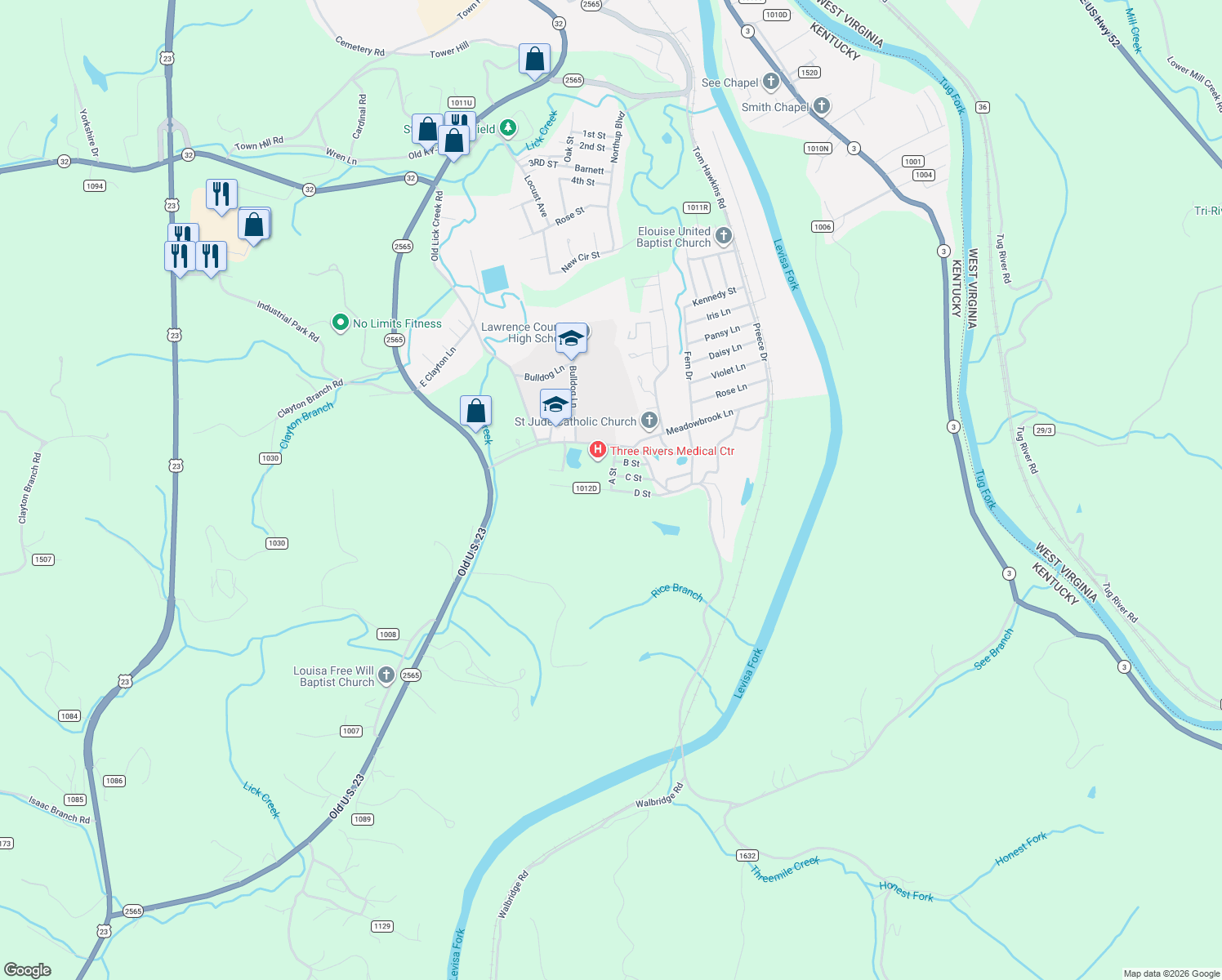 map of restaurants, bars, coffee shops, grocery stores, and more near D Street in Louisa