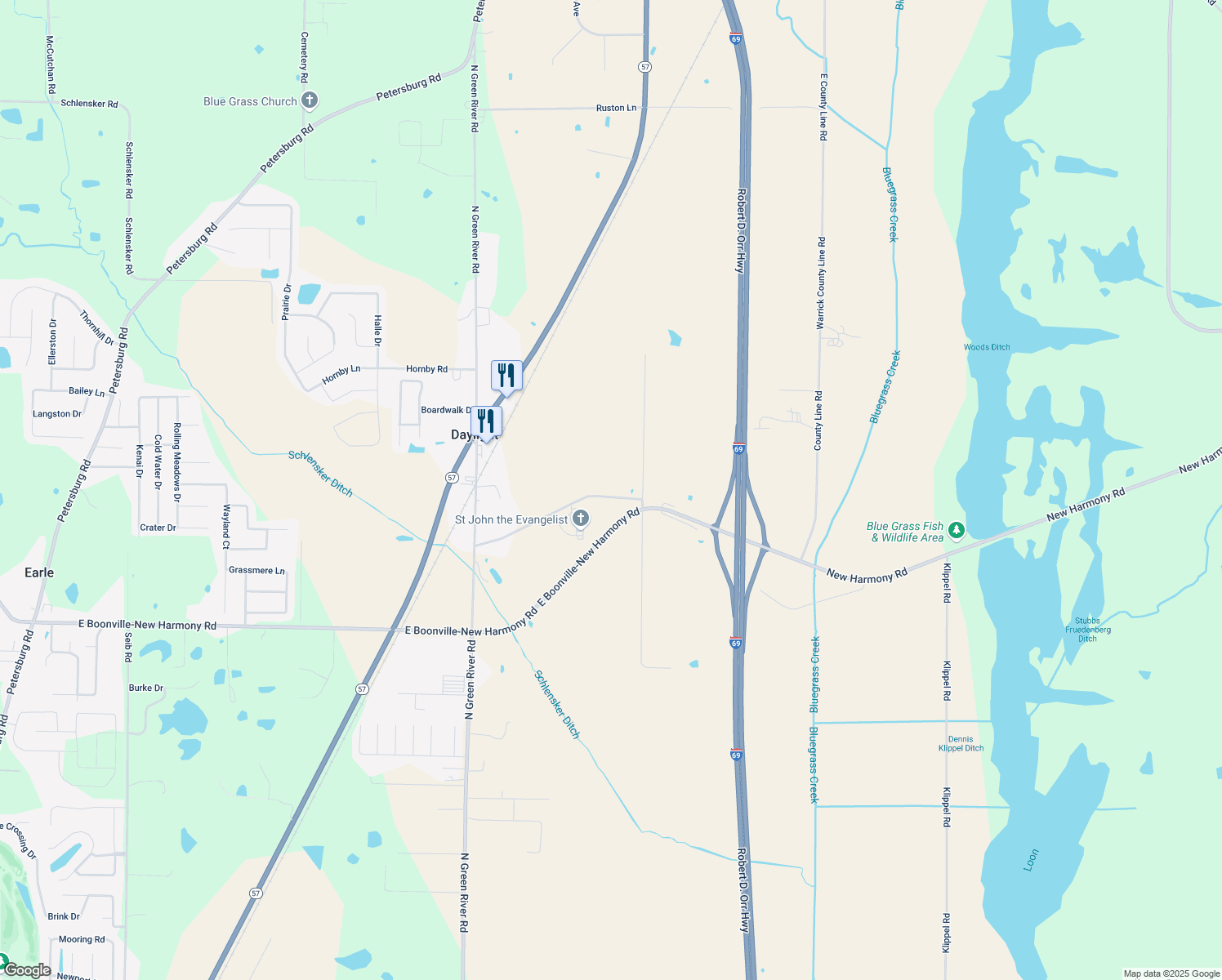 map of restaurants, bars, coffee shops, grocery stores, and more near 5546 Daylight Drive in Evansville