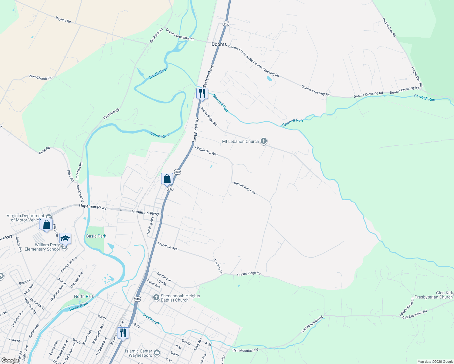 map of restaurants, bars, coffee shops, grocery stores, and more near 3 Whippoorwill Way in Waynesboro