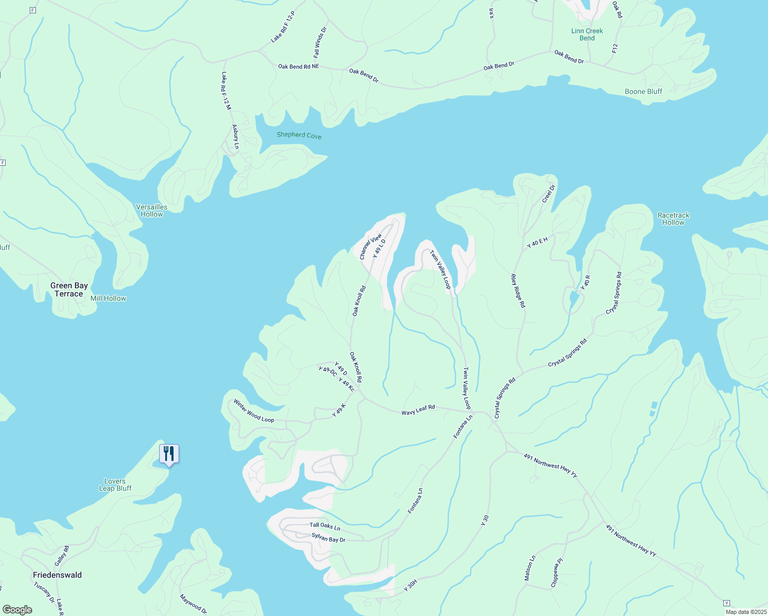 map of restaurants, bars, coffee shops, grocery stores, and more near 2 Sunrise Lane in Linn Creek