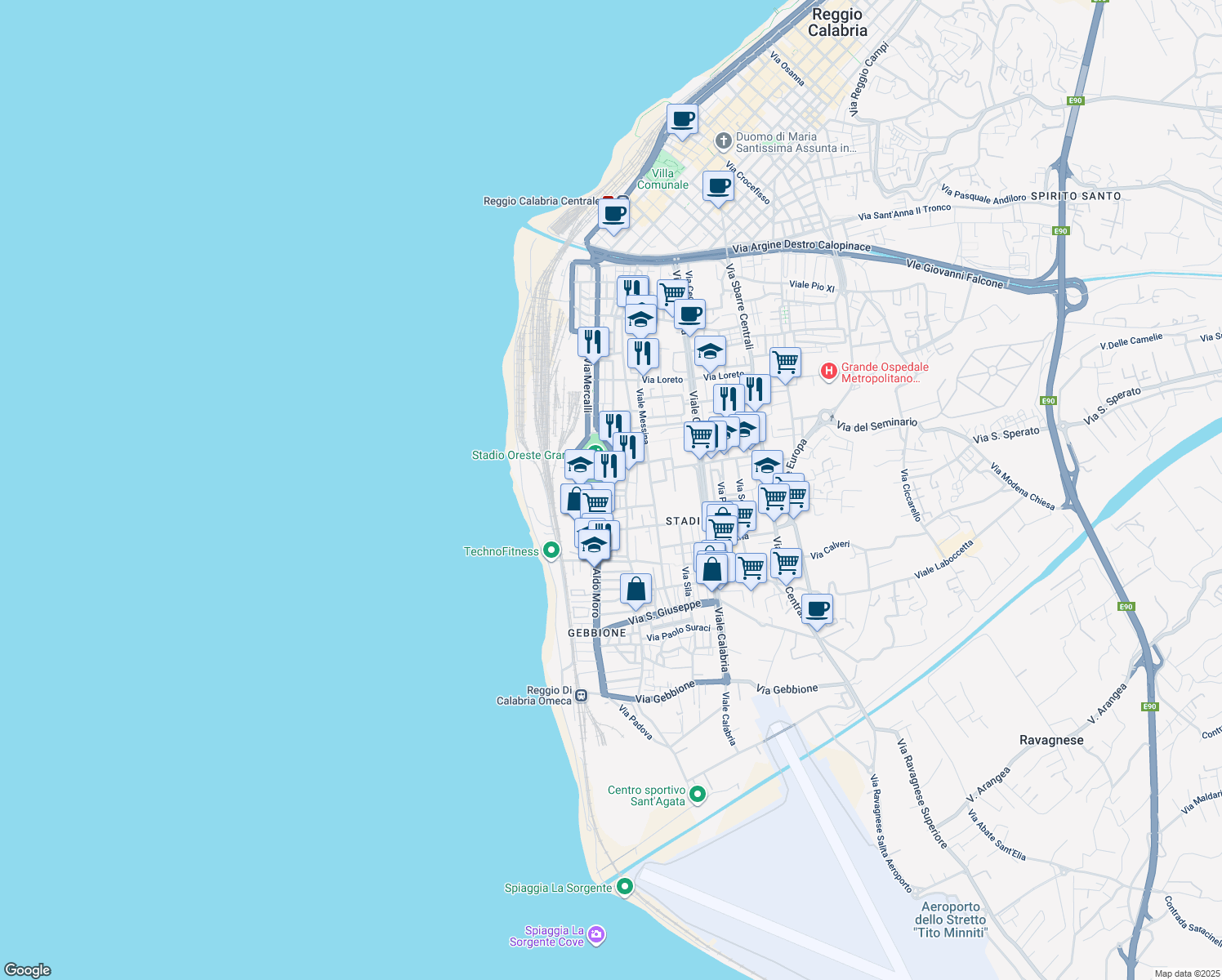 map of restaurants, bars, coffee shops, grocery stores, and more near 6 Via Ecce Homo in Reggio Calabria