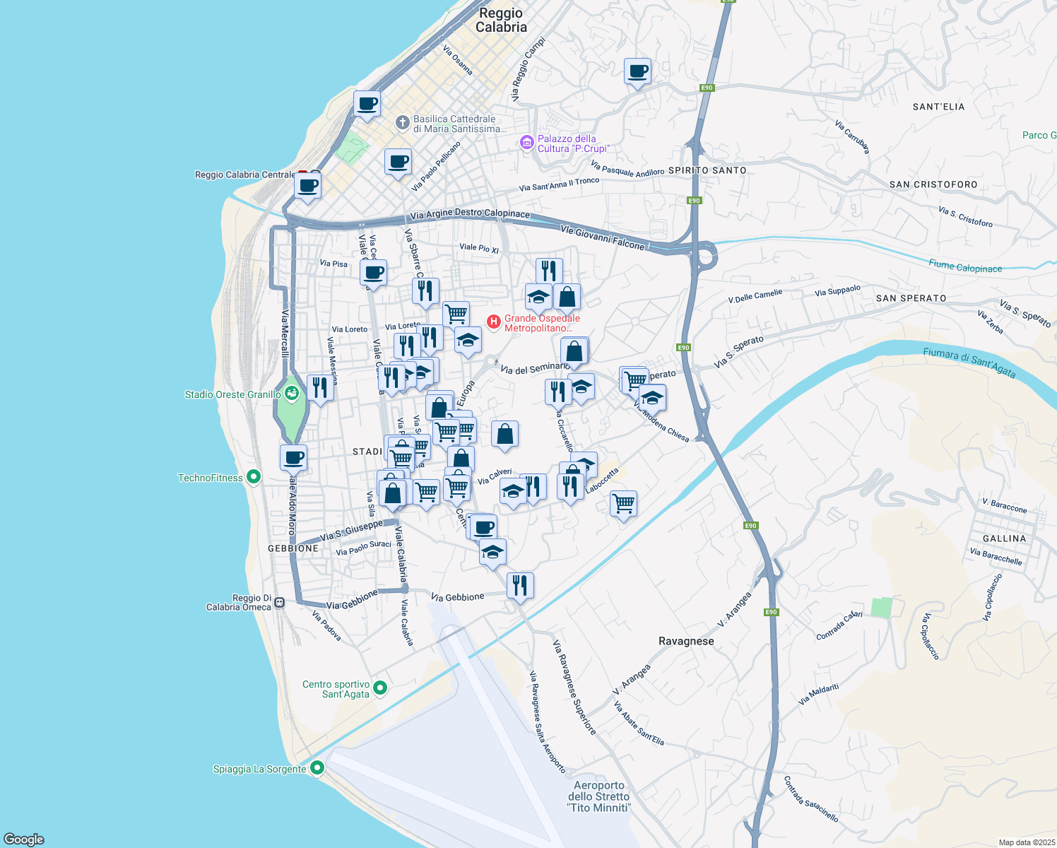 map of restaurants, bars, coffee shops, grocery stores, and more near 68 Via Sbarre Superiore Diramazione Lombardo in Reggio Calabria