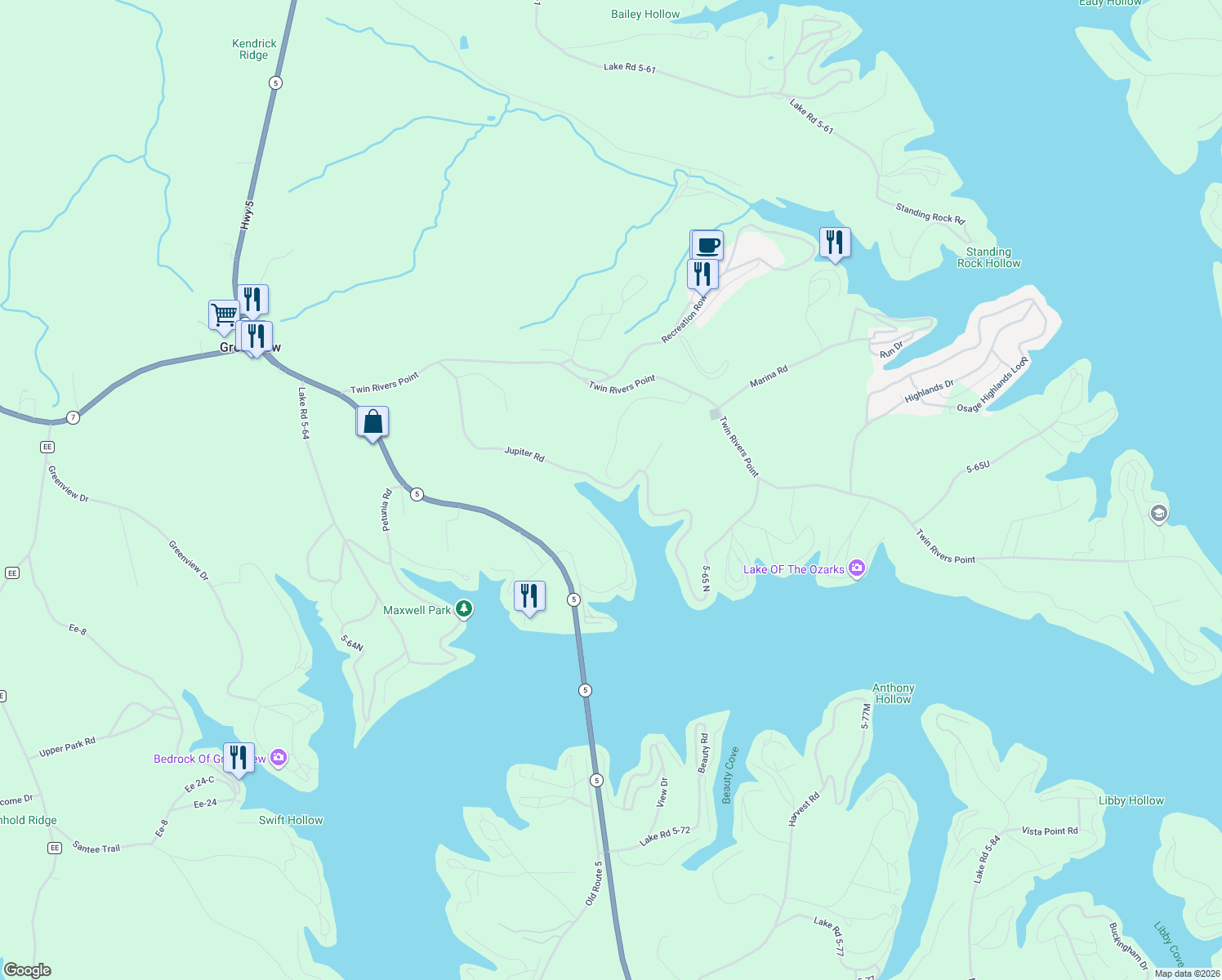 map of restaurants, bars, coffee shops, grocery stores, and more near Jupiter Road in Camdenton