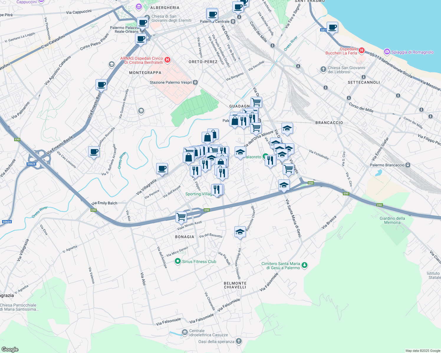 map of restaurants, bars, coffee shops, grocery stores, and more near 9 Vicolo Guarnaschelli in Palermo