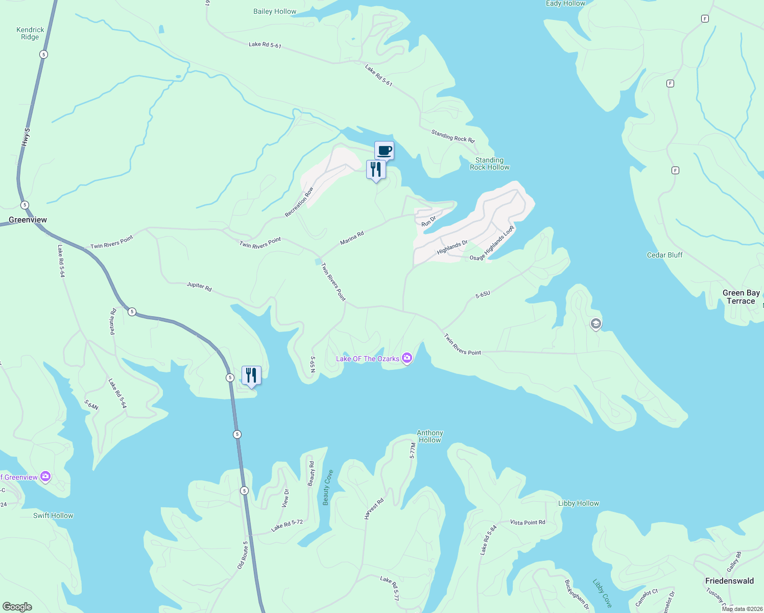 map of restaurants, bars, coffee shops, grocery stores, and more near Twin Rivers Point in Camdenton