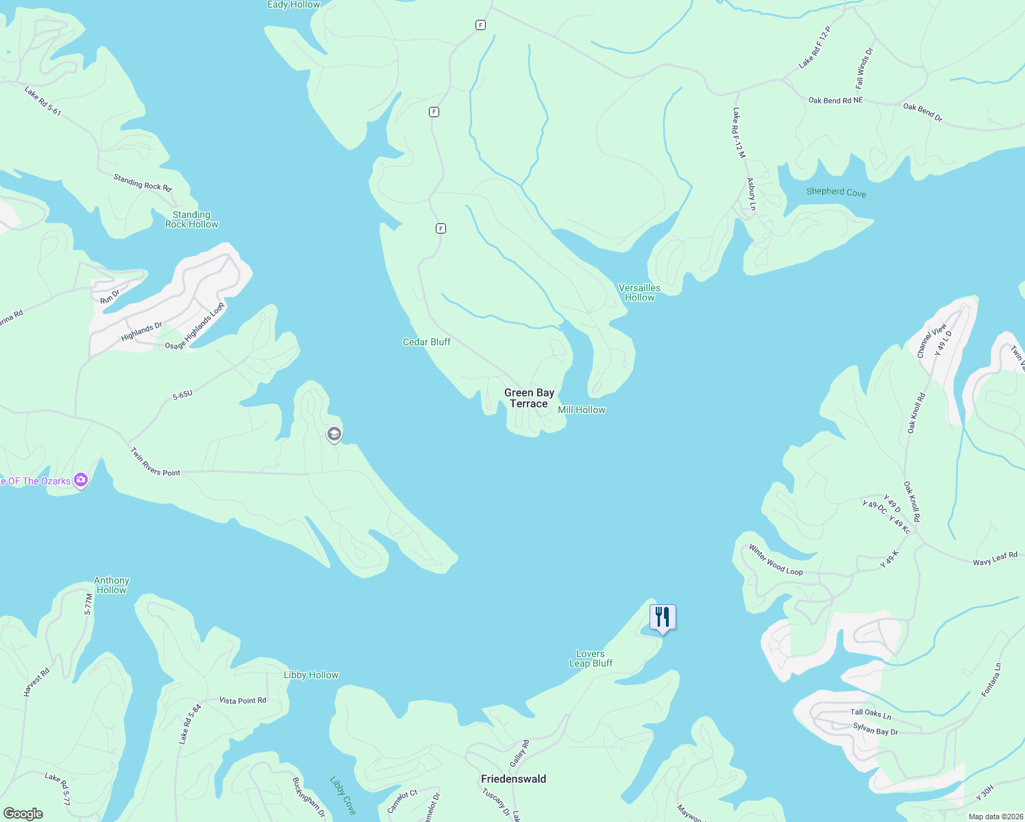 map of restaurants, bars, coffee shops, grocery stores, and more near 115 Greenbay Terrace in Sunrise Beach