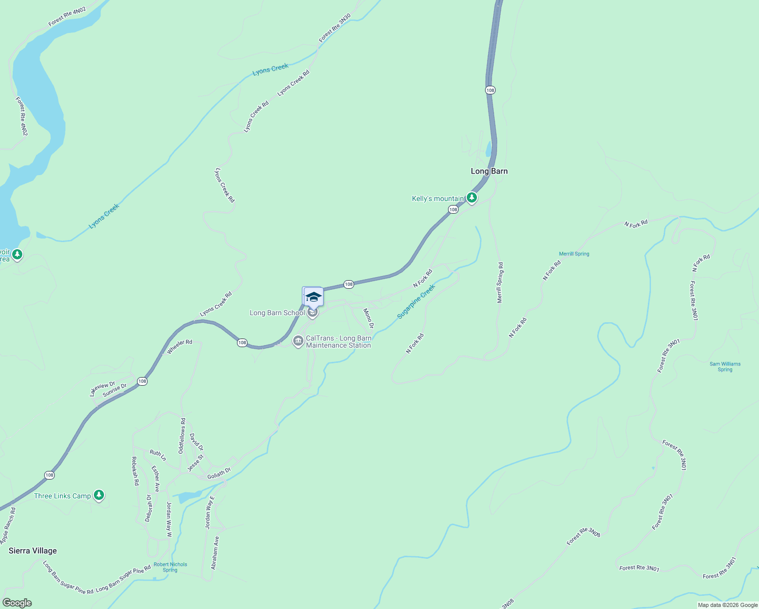 map of restaurants, bars, coffee shops, grocery stores, and more near 26040 Long Barn Road in Mi-Wuk Village
