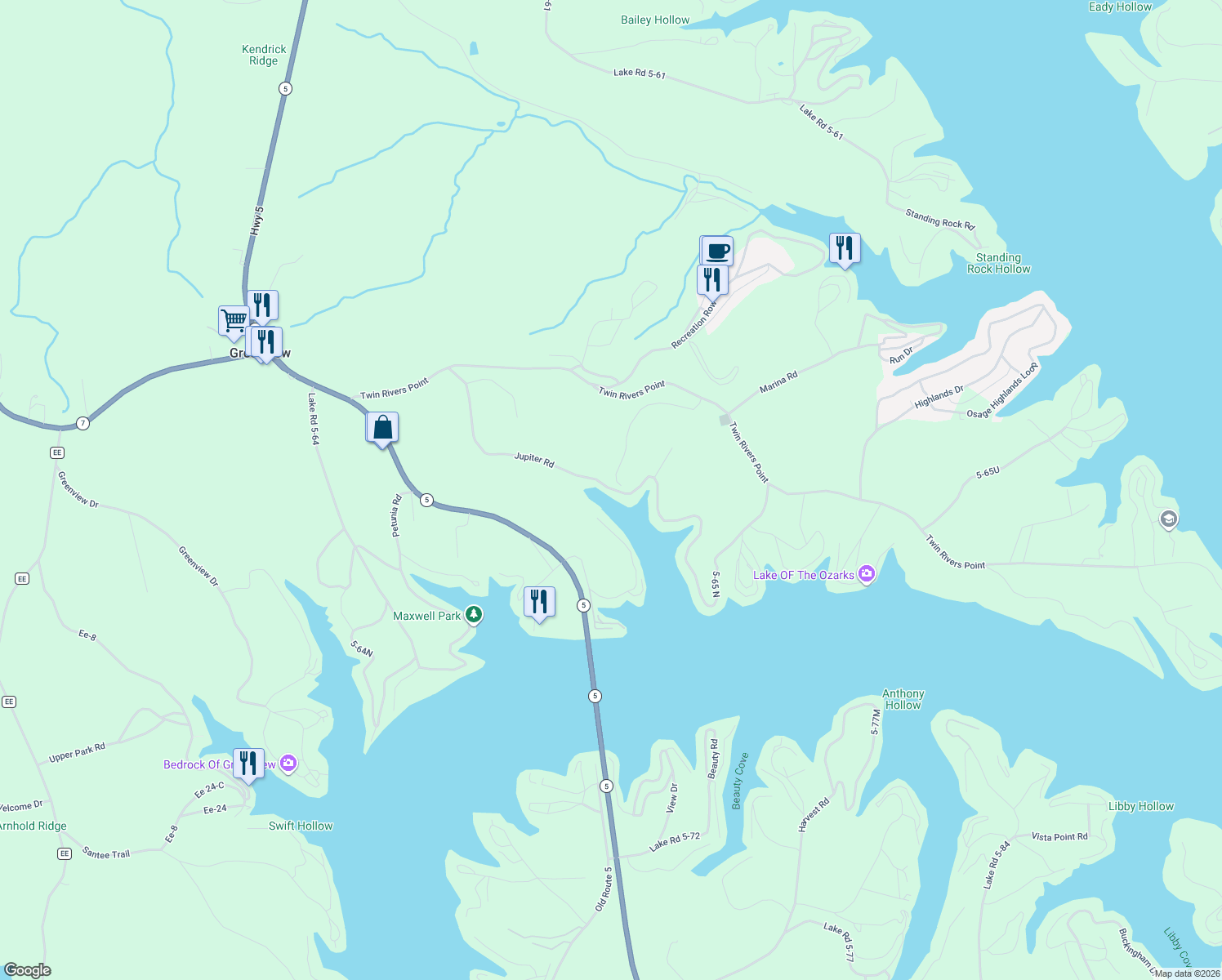 map of restaurants, bars, coffee shops, grocery stores, and more near Unnamed Road in Camdenton