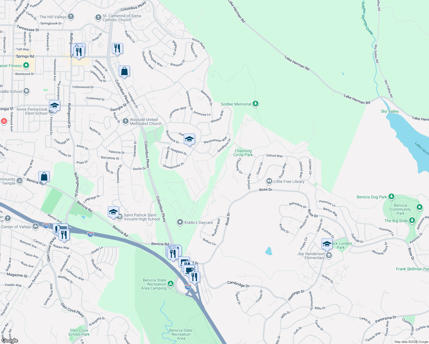 map of restaurants, bars, coffee shops, grocery stores, and more near 172 Sandhurst Ct in Vallejo