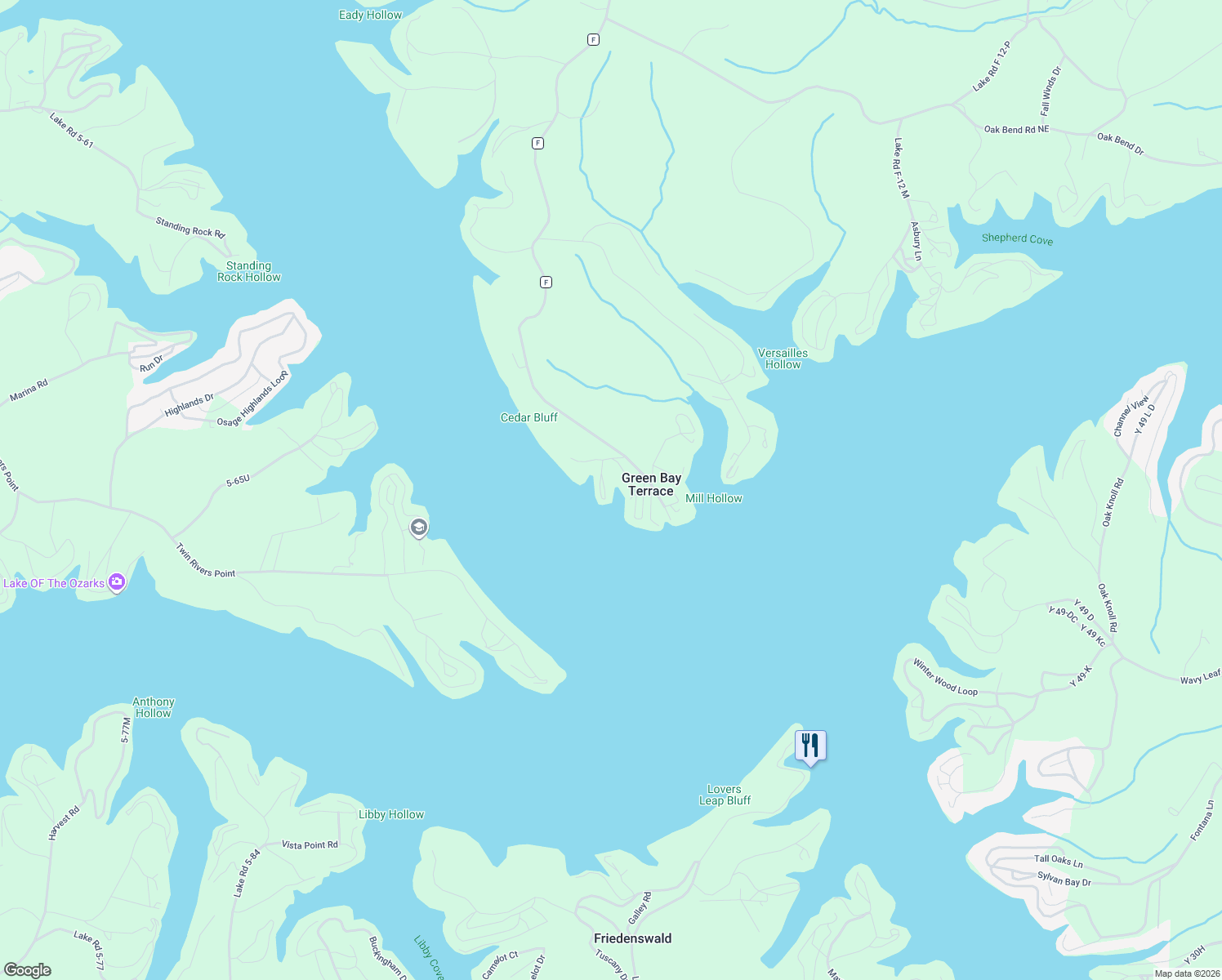 map of restaurants, bars, coffee shops, grocery stores, and more near 115 Greenbay Terrace in Sunrise Beach