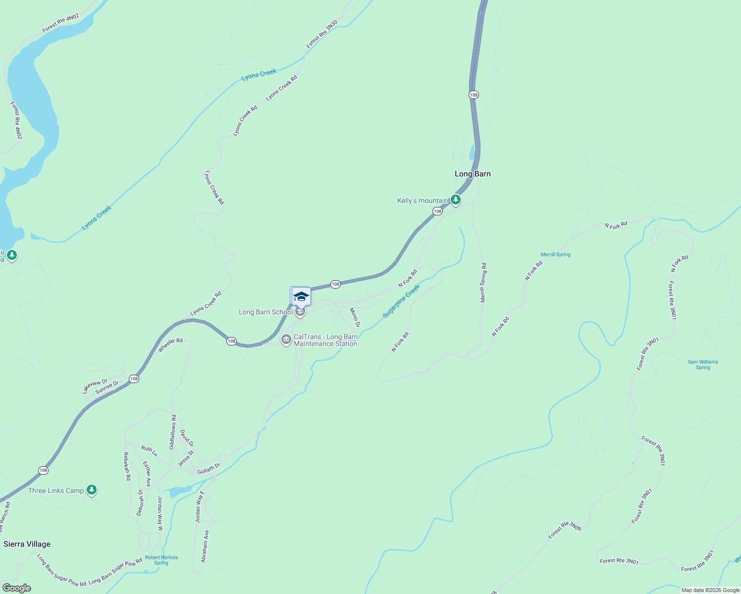 map of restaurants, bars, coffee shops, grocery stores, and more near 26040 Long Barn Road in Mi-Wuk Village
