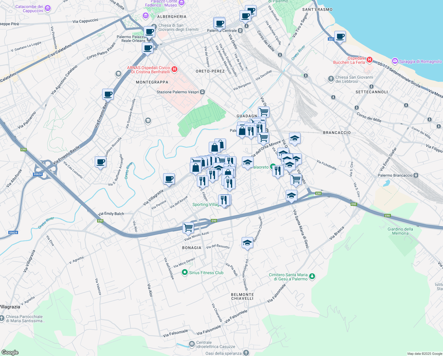 map of restaurants, bars, coffee shops, grocery stores, and more near 134-138 Via dell'Orsa Minore in Palermo