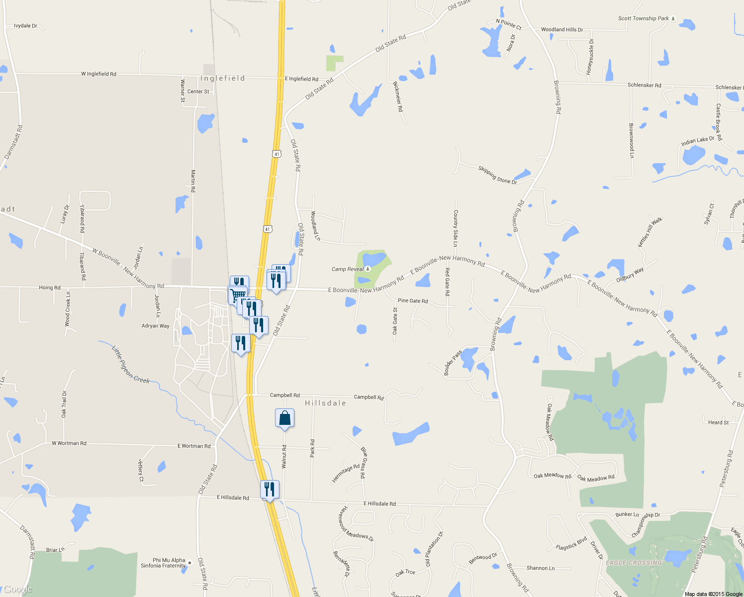 map of restaurants, bars, coffee shops, grocery stores, and more near 945 Pine Gate Road in Evansville