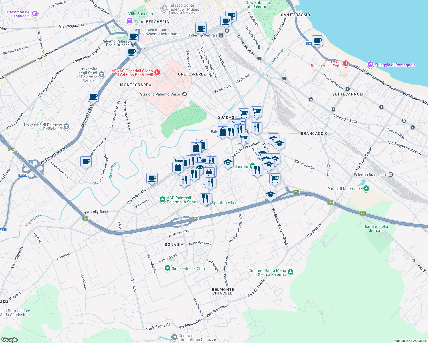 map of restaurants, bars, coffee shops, grocery stores, and more near 55 Via dell'Orsa Minore in Palermo