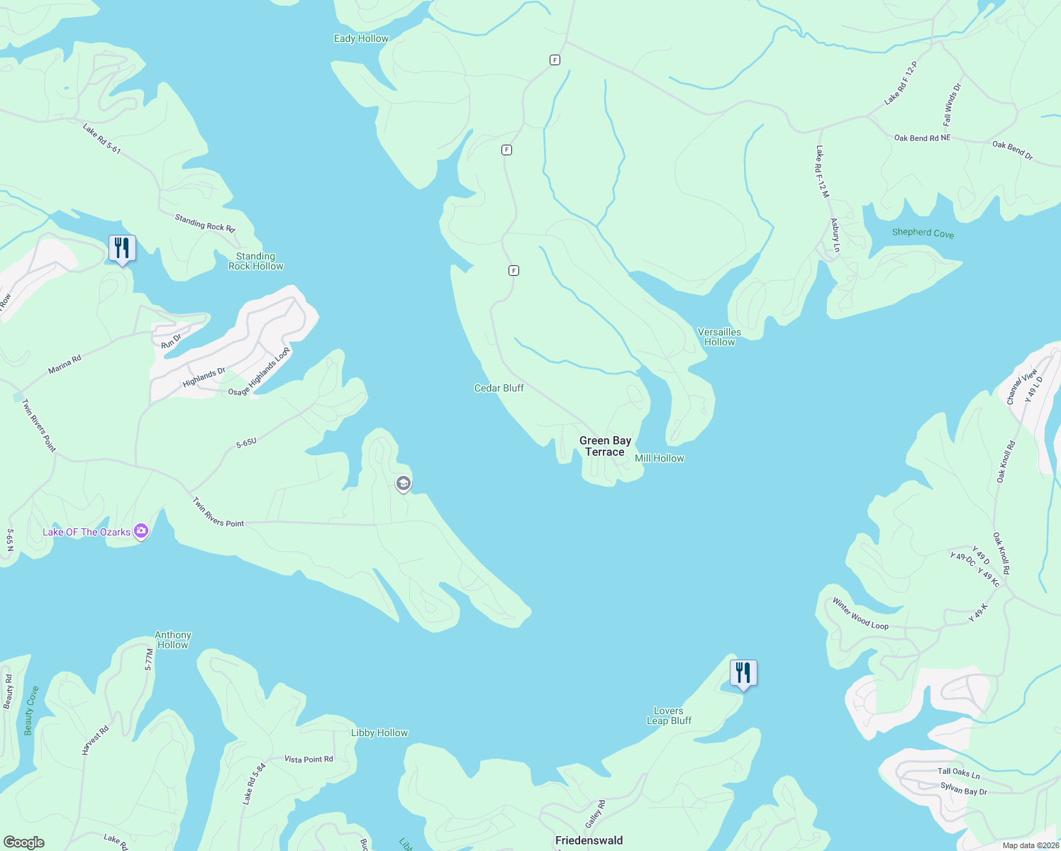 map of restaurants, bars, coffee shops, grocery stores, and more near State Highway F in Sunrise Beach