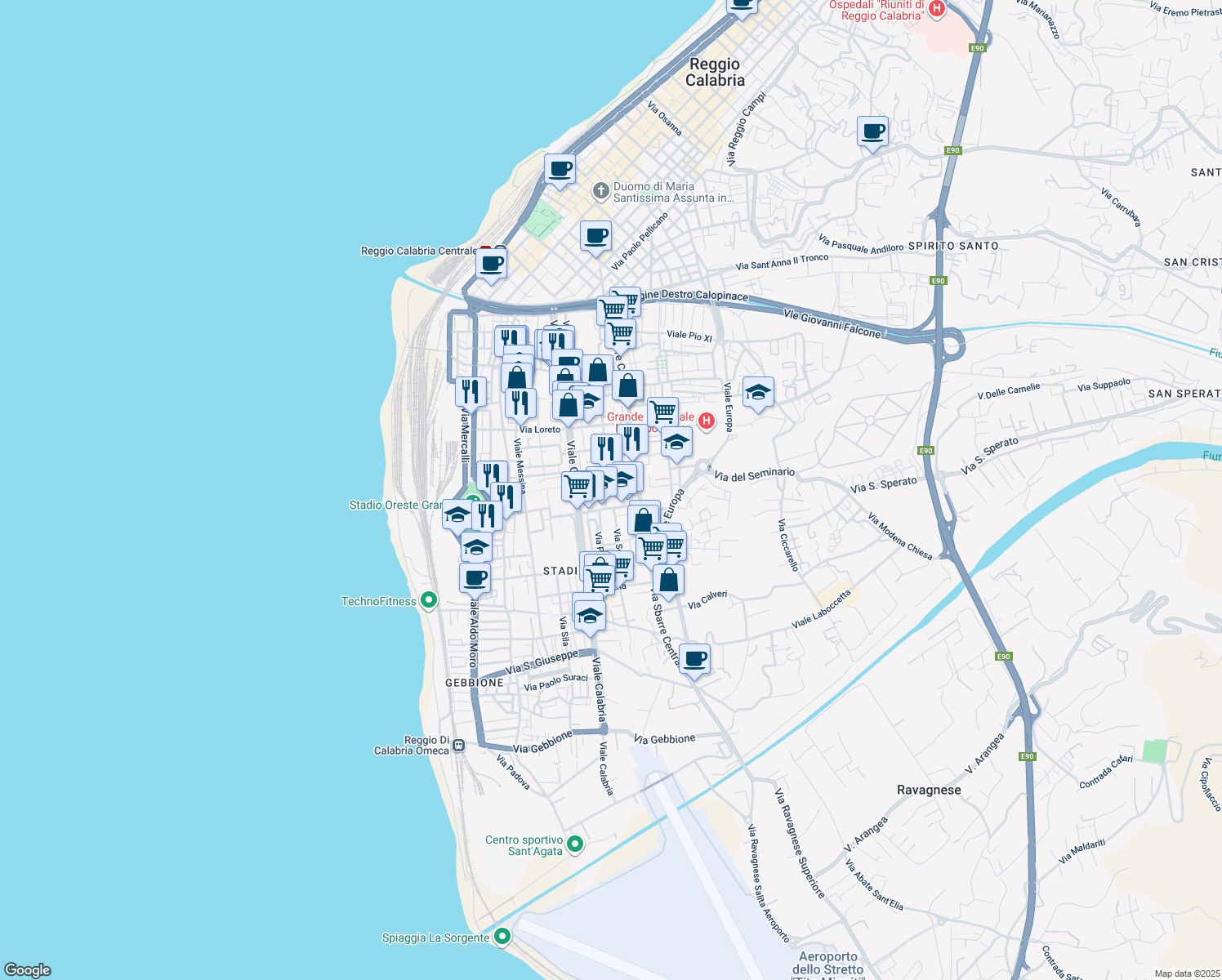map of restaurants, bars, coffee shops, grocery stores, and more near 5 Via Bergamo in Reggio Calabria