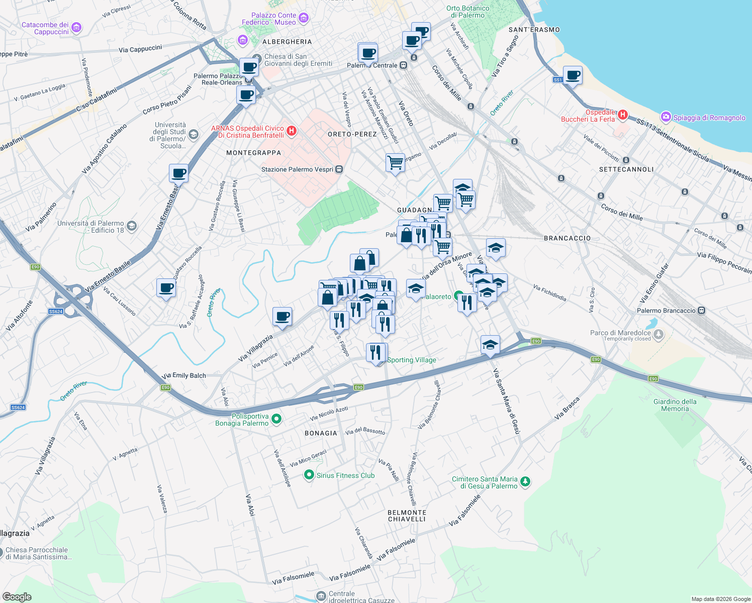 map of restaurants, bars, coffee shops, grocery stores, and more near in Palermo
