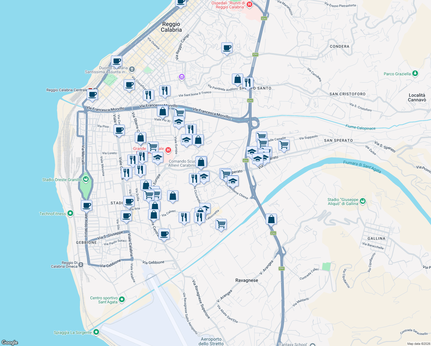 map of restaurants, bars, coffee shops, grocery stores, and more near 51-53 Via Reggio Modena in Reggio Calabria