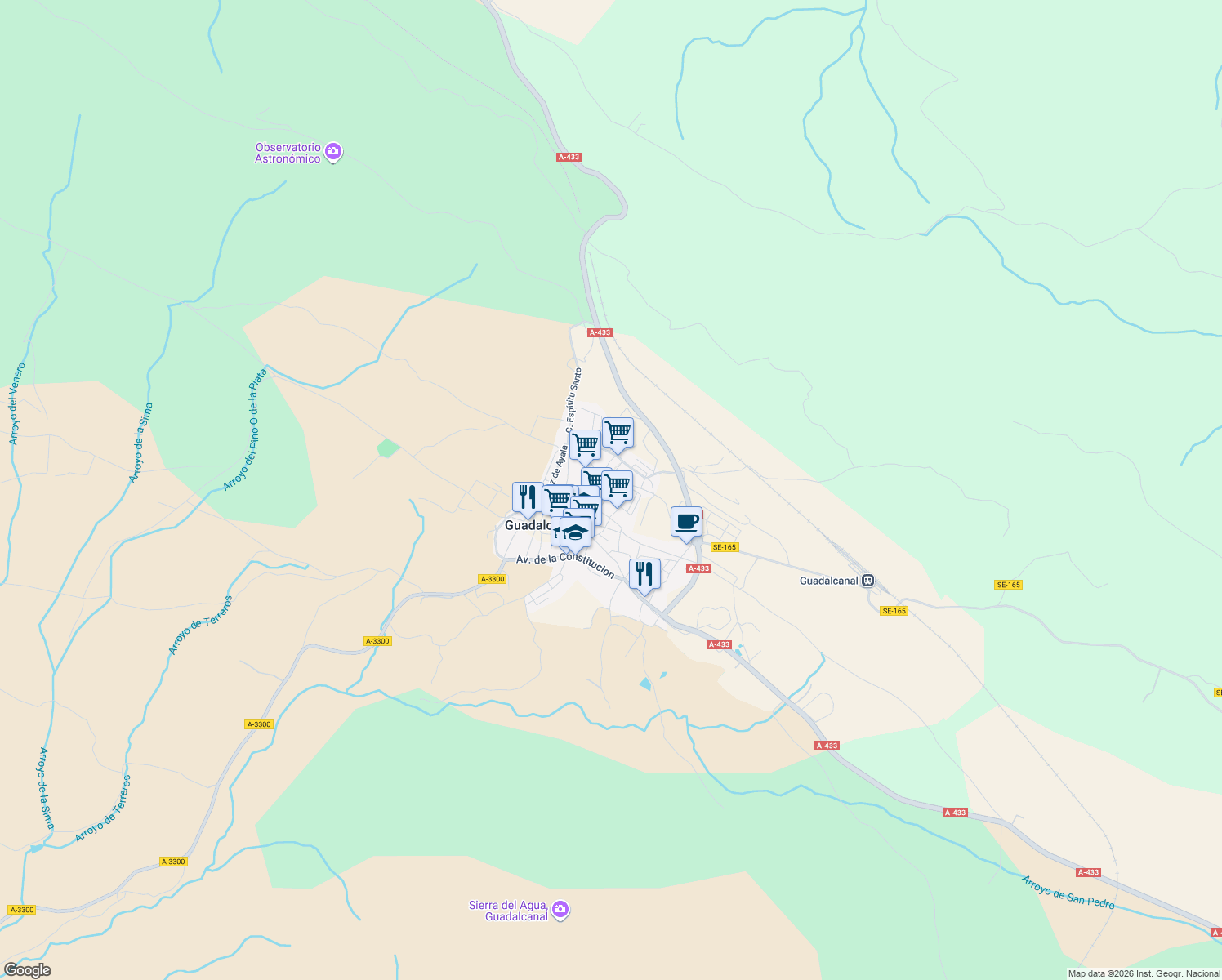 map of restaurants, bars, coffee shops, grocery stores, and more near 37 Calle Cervantes in Guadalcanal