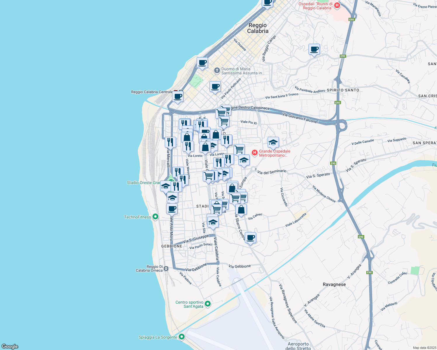 map of restaurants, bars, coffee shops, grocery stores, and more near 5 Via Bergamo in Reggio Calabria