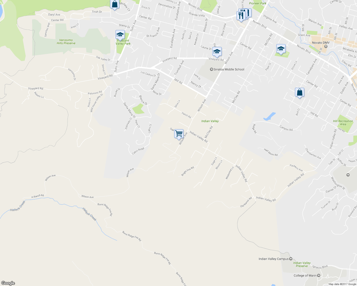 map of restaurants, bars, coffee shops, grocery stores, and more near 477 Wilson Avenue in Novato