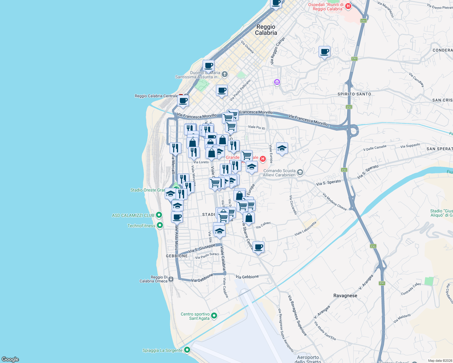 map of restaurants, bars, coffee shops, grocery stores, and more near 5 Via Bergamo in Reggio Calabria
