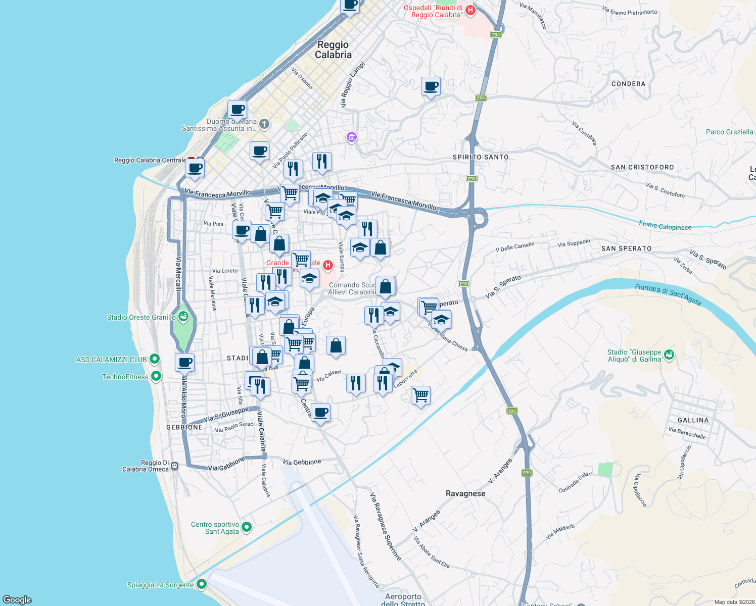 map of restaurants, bars, coffee shops, grocery stores, and more near 24 Via del Seminario in Reggio Calabria