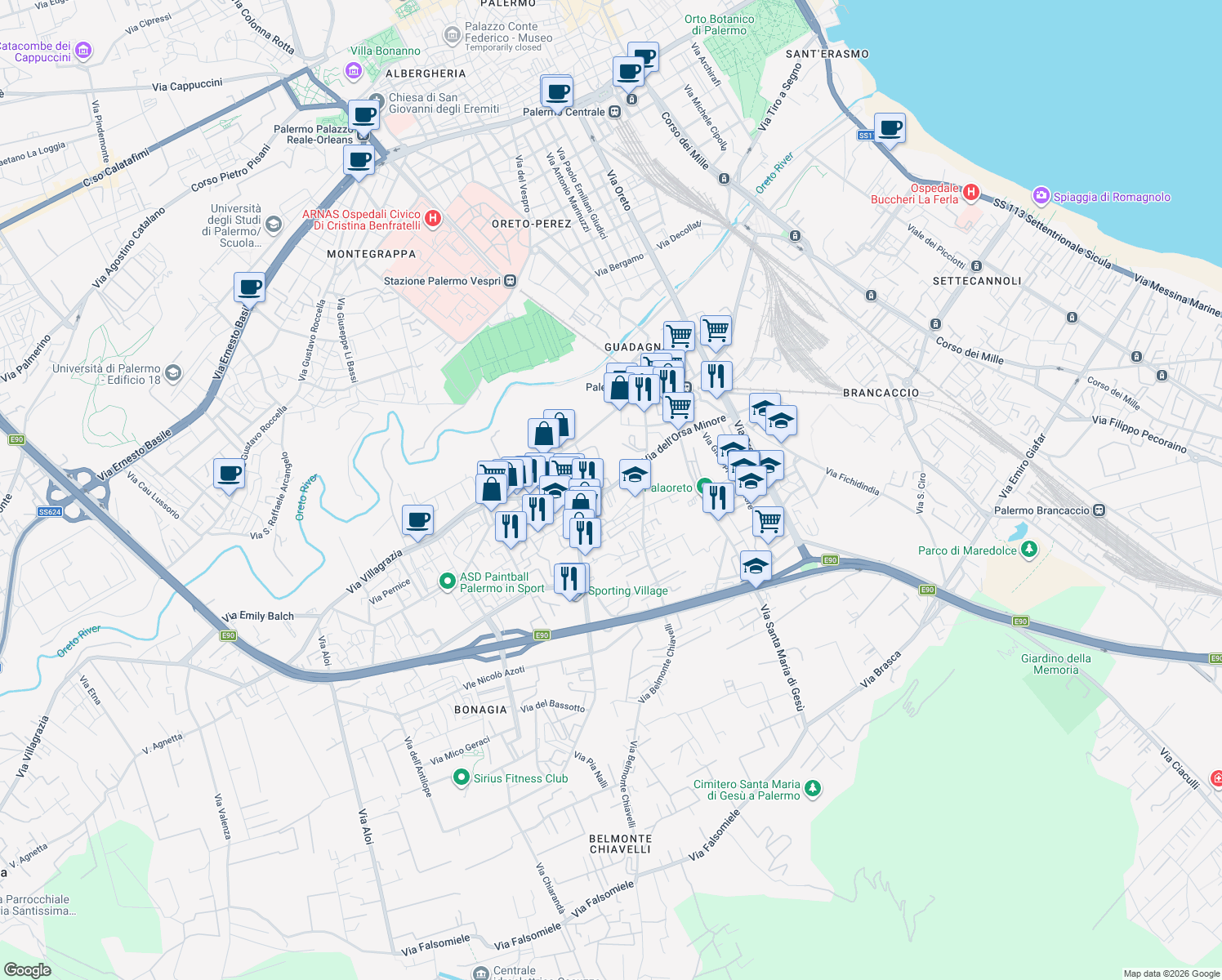 map of restaurants, bars, coffee shops, grocery stores, and more near 55 Via dell'Orsa Minore in Palermo