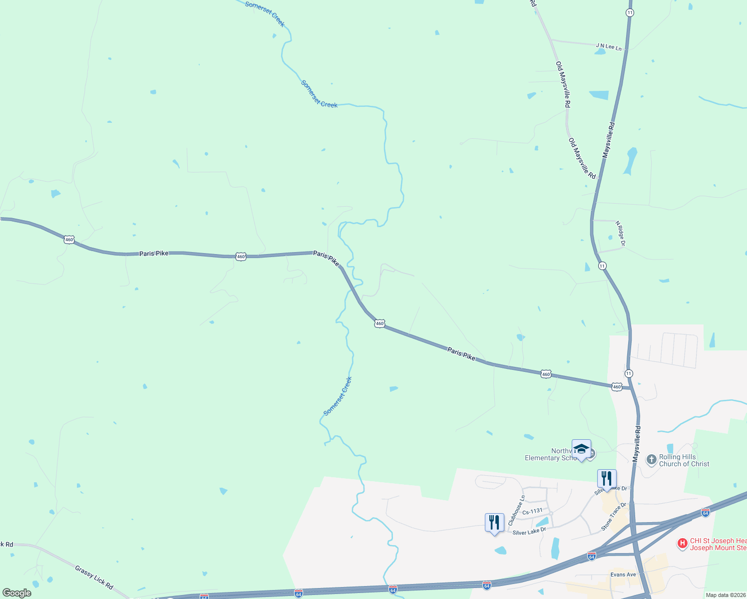 map of restaurants, bars, coffee shops, grocery stores, and more near 1075 Paris Road in Mount Sterling