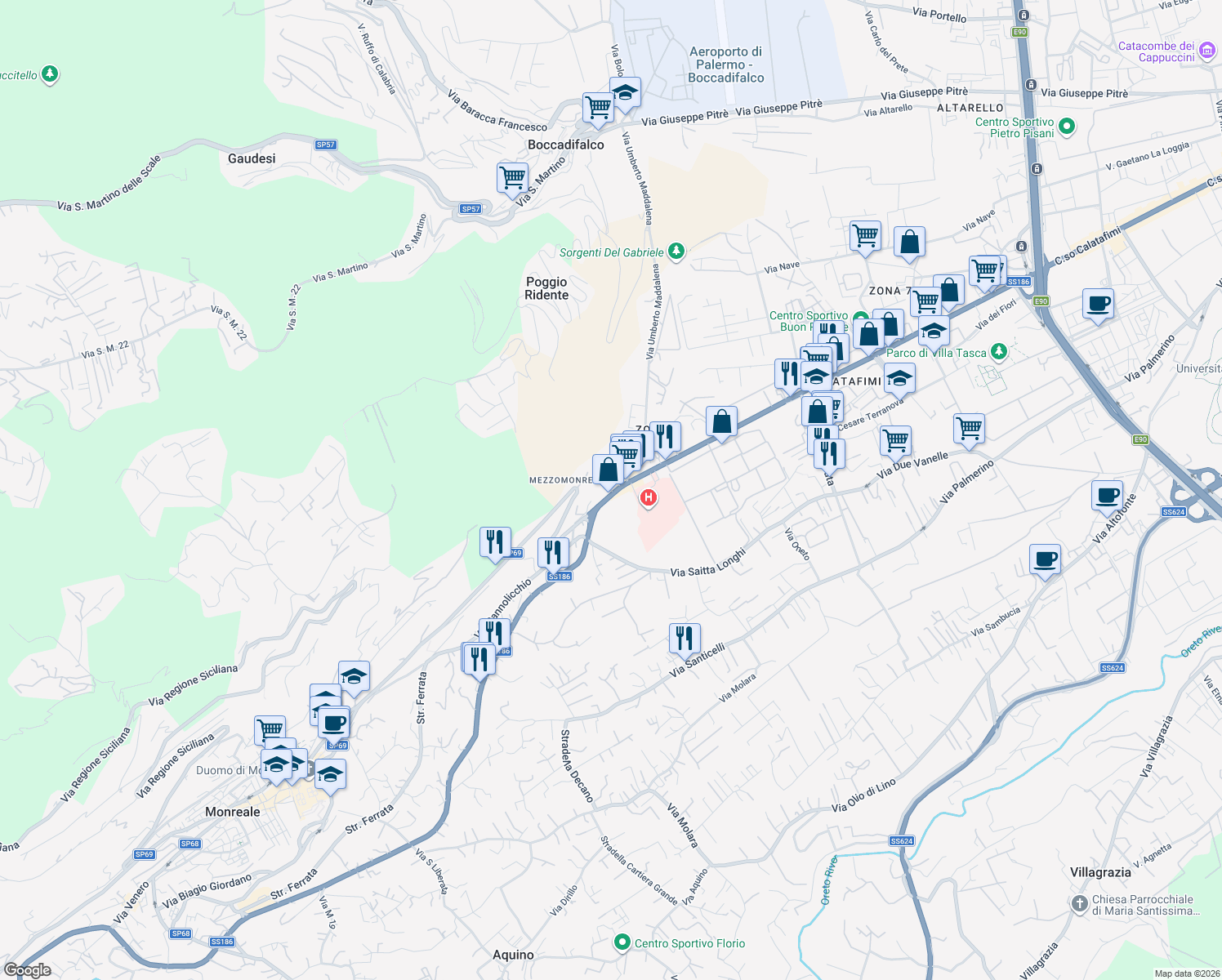 map of restaurants, bars, coffee shops, grocery stores, and more near Cortile Tumminia in Palermo
