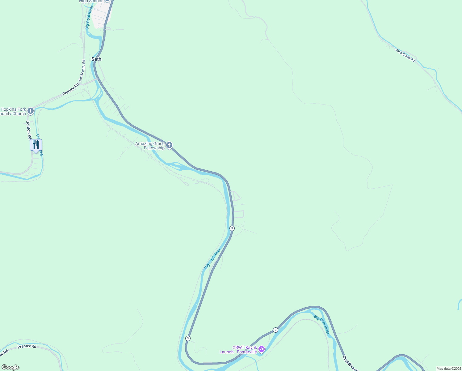 map of restaurants, bars, coffee shops, grocery stores, and more near Coal River Road in Seth