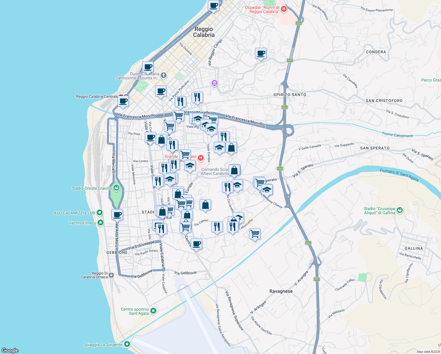 map of restaurants, bars, coffee shops, grocery stores, and more near 24 Via del Seminario in Reggio Calabria