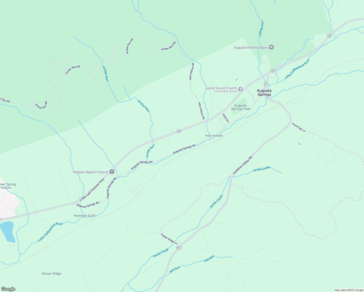 map of restaurants, bars, coffee shops, grocery stores, and more near 459 Augusta Springs Road in Craigsville
