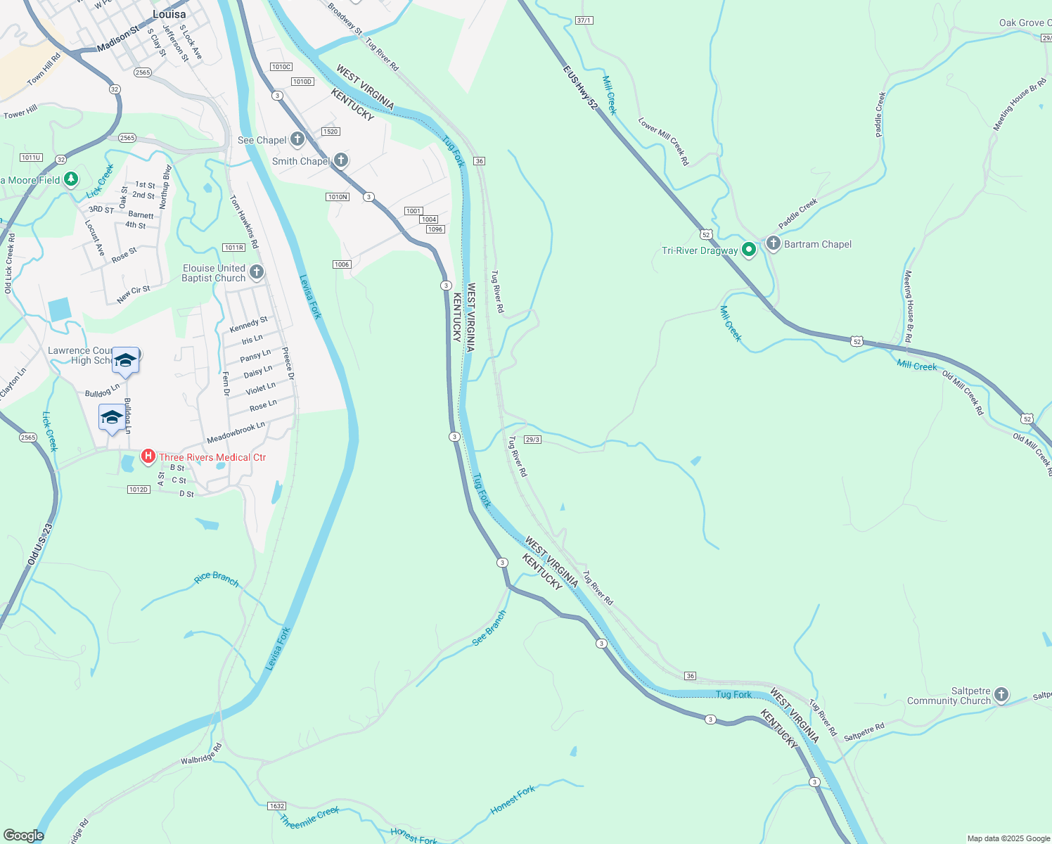 map of restaurants, bars, coffee shops, grocery stores, and more near Tug River Road in Fort Gay