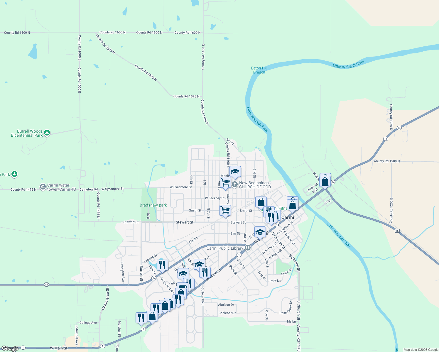 map of restaurants, bars, coffee shops, grocery stores, and more near 798 6th St in Carmi