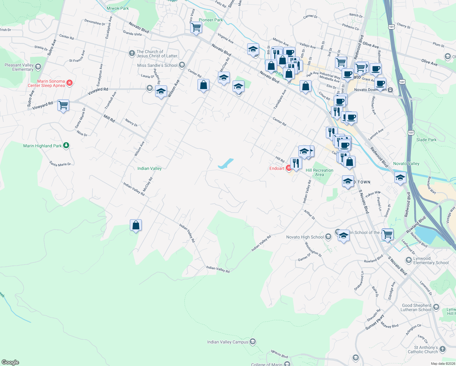 map of restaurants, bars, coffee shops, grocery stores, and more near 2 Farvue Road in Novato