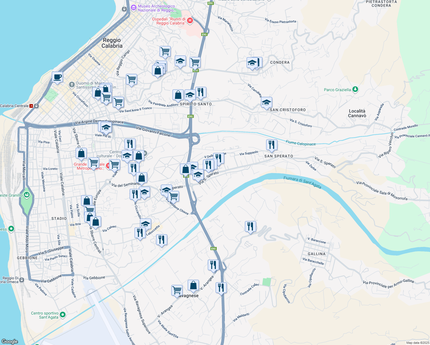 map of restaurants, bars, coffee shops, grocery stores, and more near 7b Via Santo Sperato in Reggio Calabria
