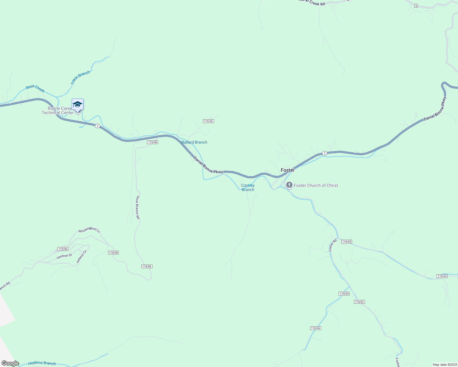 map of restaurants, bars, coffee shops, grocery stores, and more near 6310 Daniel Boone Parkway in Foster