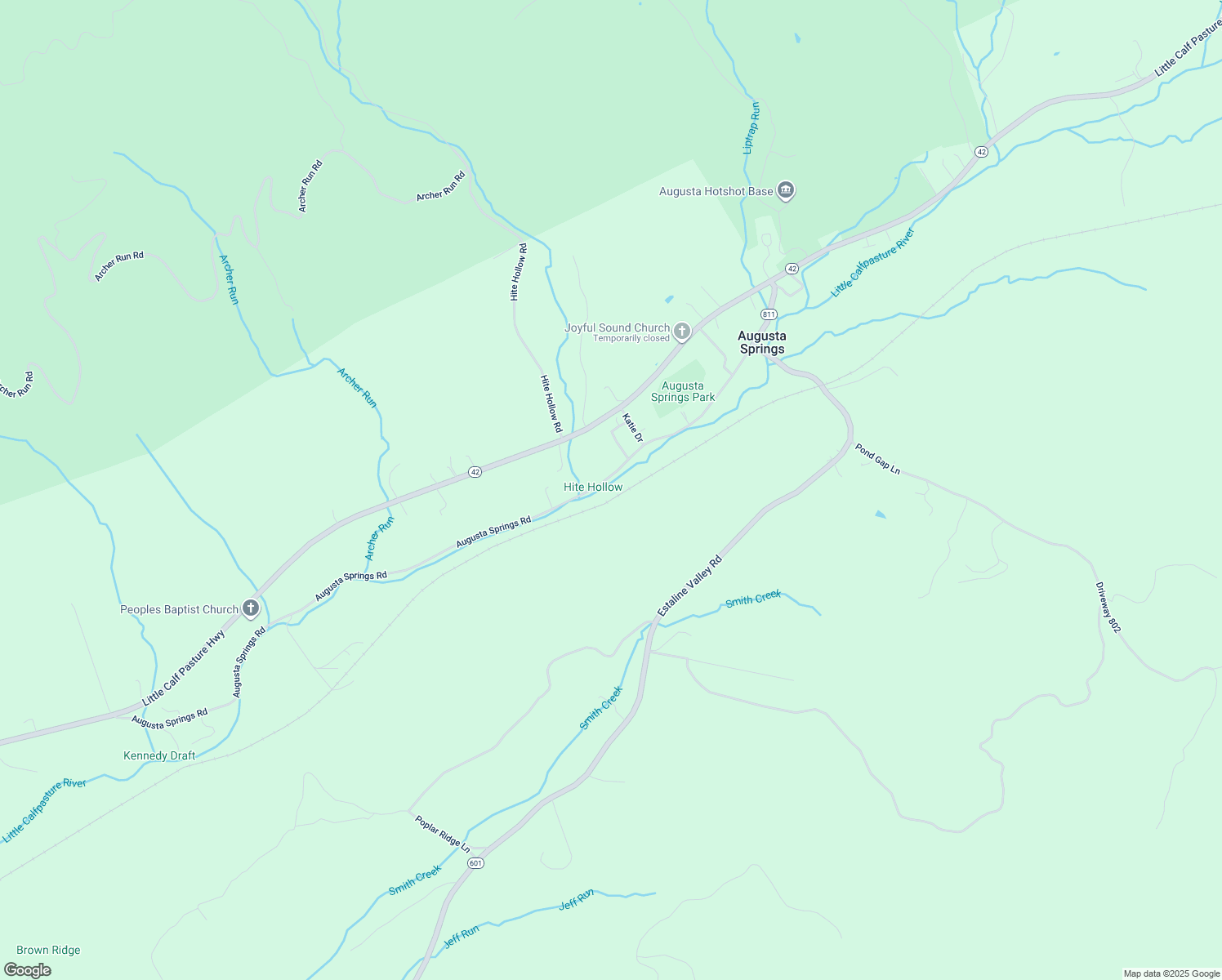 map of restaurants, bars, coffee shops, grocery stores, and more near 316 Augusta Springs Road in Craigsville