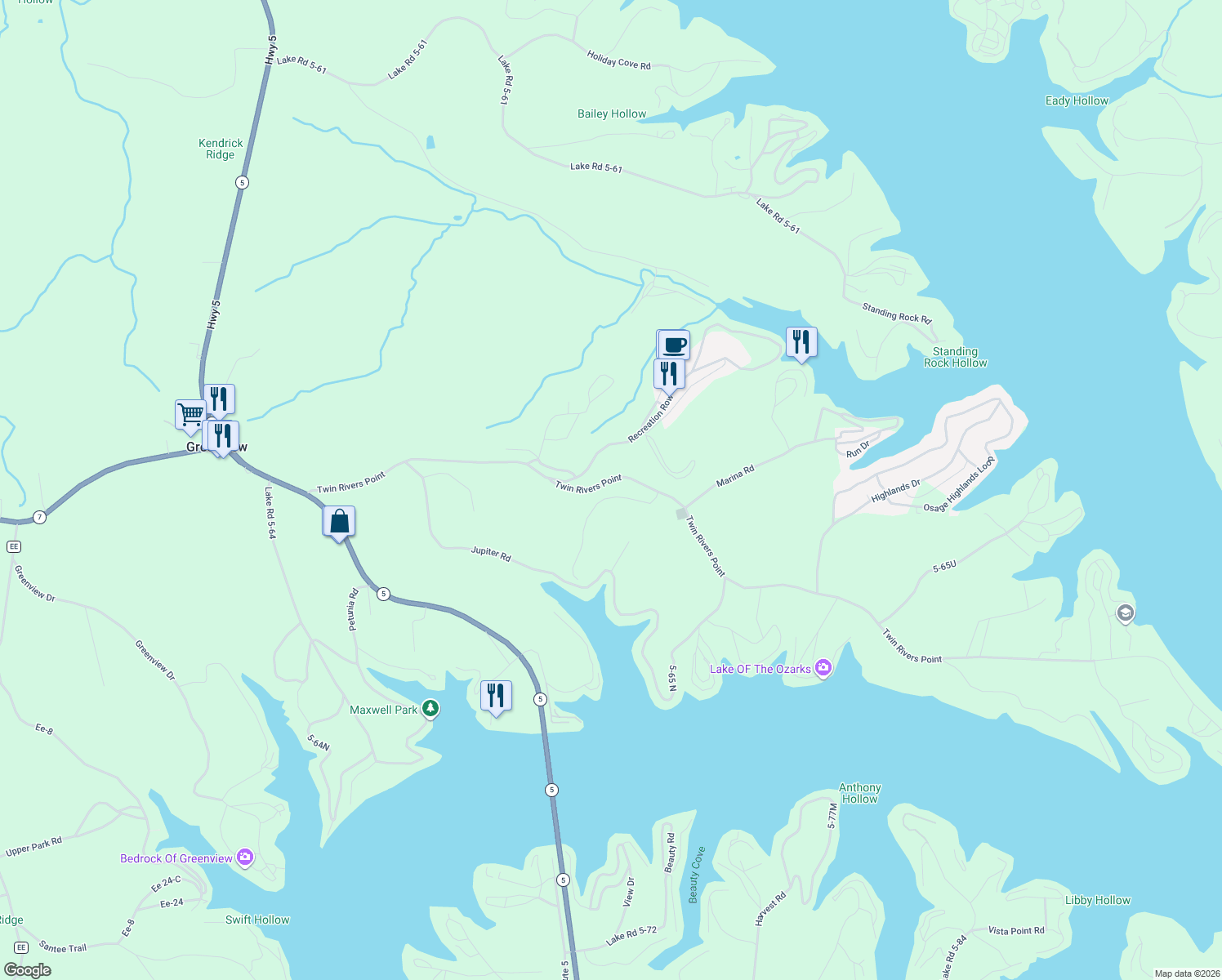 map of restaurants, bars, coffee shops, grocery stores, and more near Twin Rivers Point in Camdenton