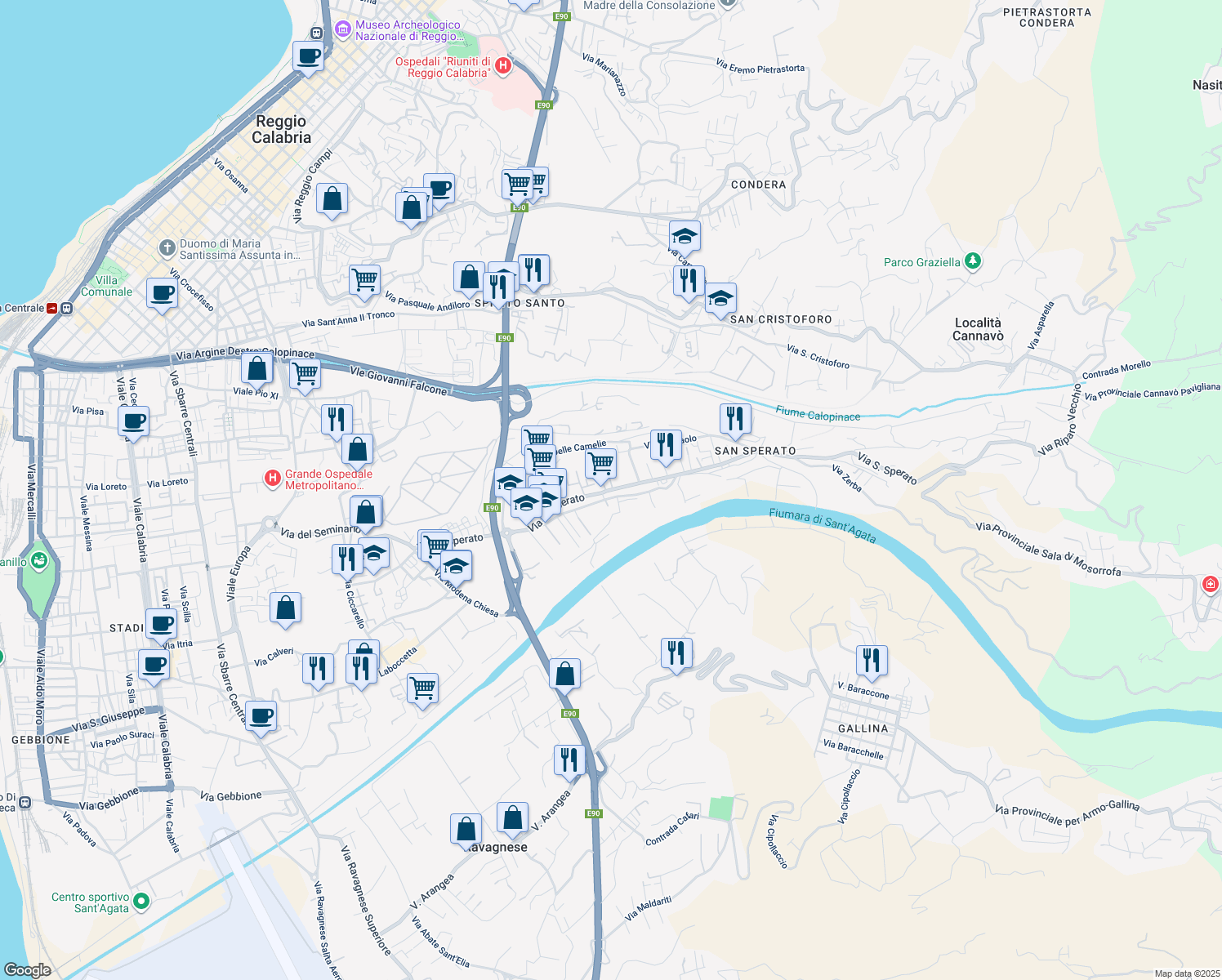 map of restaurants, bars, coffee shops, grocery stores, and more near 7b Via Santo Sperato in Reggio Calabria