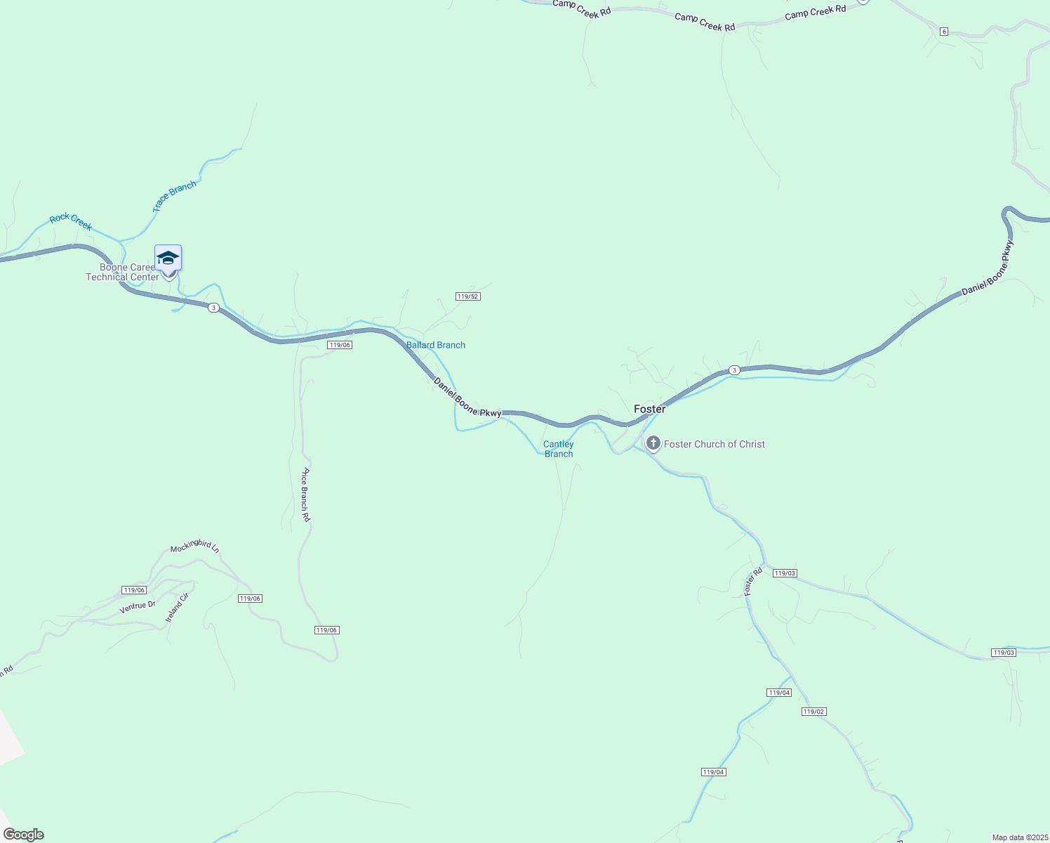 map of restaurants, bars, coffee shops, grocery stores, and more near 6310 Daniel Boone Parkway in Foster