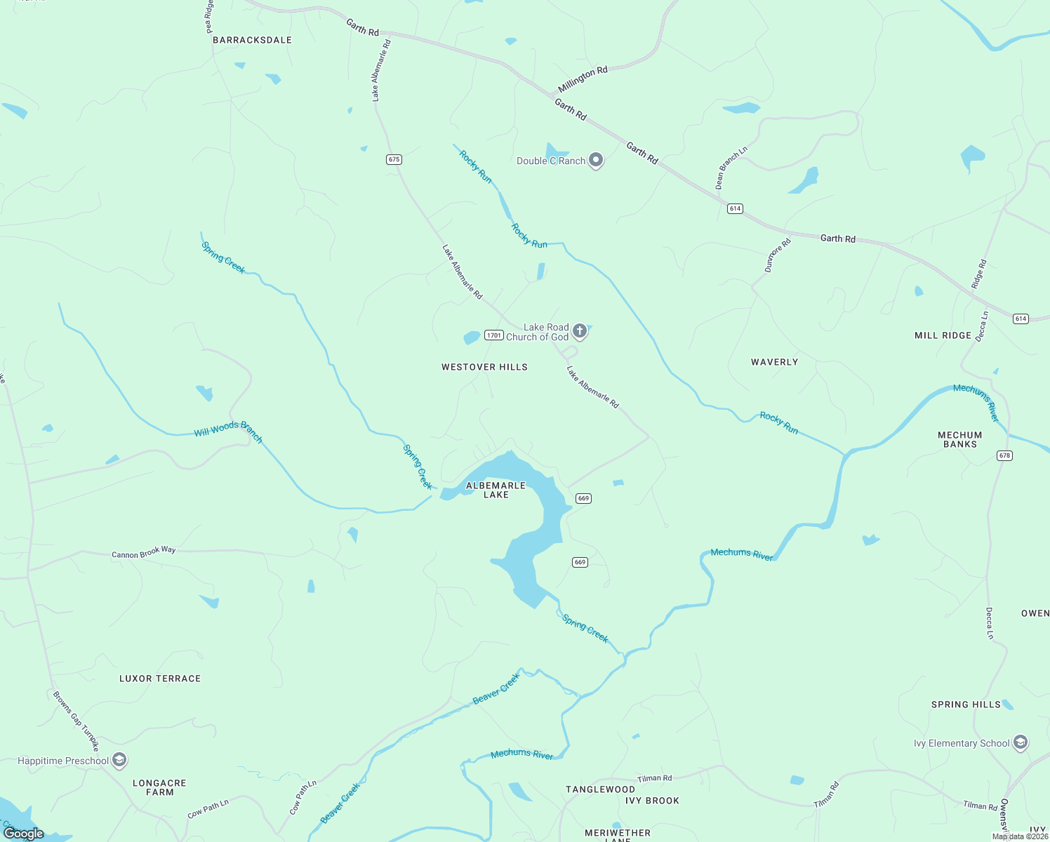 map of restaurants, bars, coffee shops, grocery stores, and more near 2068 Lakeside Drive in Charlottesville